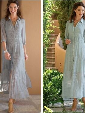 Soft Surroundings Light Blue Embroidered Maxi Shirt Dress